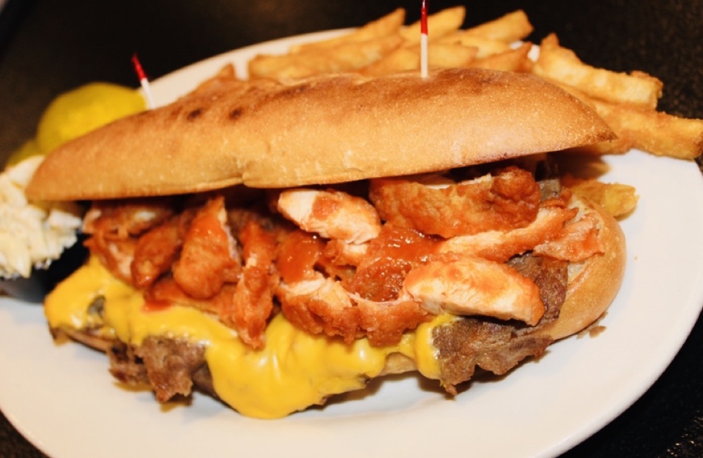 Buffalo chicken sandwich with fries